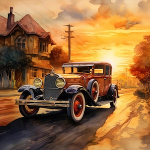 May include: Watercolor painting of a vintage brown car driving down a road at sunset. The car has black fenders, white-walled tires, and red wheels. A house and trees line the road, and the sky is filled with orange and yellow hues.