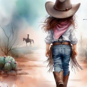May include: Watercolor illustration of a young person dressed as a cowgirl, walking away from the viewer. They wear a brown cowboy hat, pink bandana, white shirt, blue jeans, and brown boots. A cowboy on a horse is in the background.