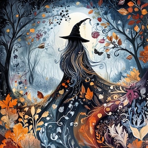 May include: An illustration of a witch in a black hat and flowing gown, standing in a forest. The artwork features autumn leaves in shades of orange and brown, with a full moon in the background. The witch's hair is long and dark.