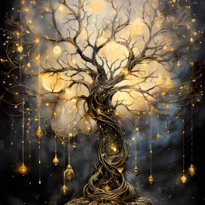 Może przedstawiać: Ciemne tło z złotym drzewem z błyszczącymi światłami i księżycami wiszącymi z jego gałęzi. Drzewo jest zakorzenione w skalistej podstawie.