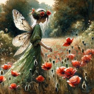 May include: A watercolor painting of a fairy with a green dress and butterfly wings standing in a field of red poppies.