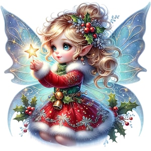 May include: A fairy with blue wings and blonde hair wearing a red and green Christmas dress holds a star. She has a holly wreath in her hair and a bell on her dress.