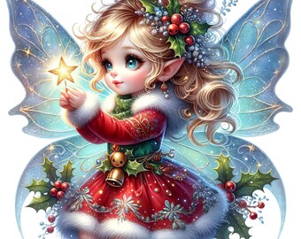 Op de afbeelding: Een fee met blauwe vleugels en blond haar draagt een rode en groene kerstjurk en houdt een ster vast. Ze heeft een hulstkrans in haar haar en een bel op haar jurk.