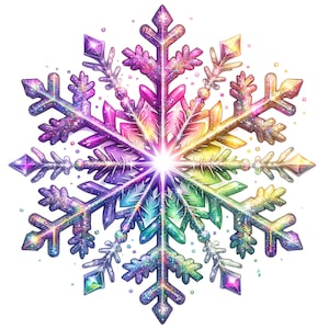 Puede incluir: Un copo de nieve de purpurina arcoíris con un centro brillante. El copo de nieve está hecho de purpurina iridiscente y tiene un esquema de colores arcoíris.