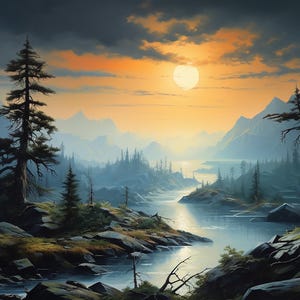 May include: A painting of a mountain lake scene with a bright orange sunset and a full moon in the sky. The lake is surrounded by dark green trees and mountains.