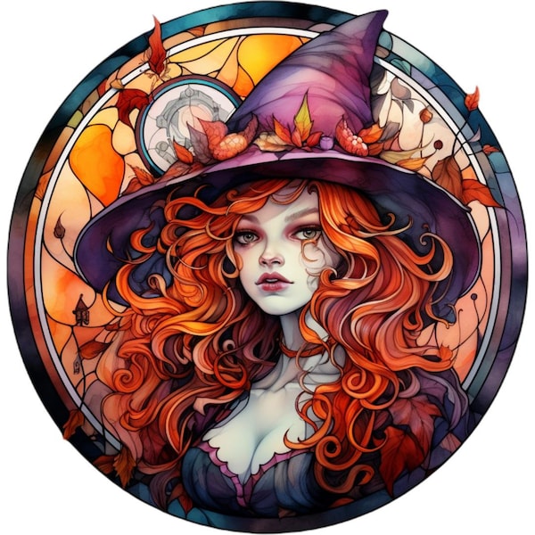 circle window stained glass Halloween witch 1 pattern keeper compatible PDF instant digital download counted cross stitch color chart