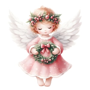 Puede incluir: Una ilustración de acuarela de un ángel de Navidad con alas blancas, vistiendo un vestido rosa y una corona de acebo y bayas en la cabeza. Ella sostiene una corona verde con un lazo rojo.