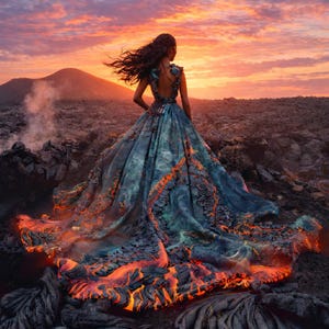 May include: A long, flowing gown with a dramatic design, featuring a blue and teal bodice that transitions into a fiery orange and black skirt, set against a sunset backdrop. The dress has intricate detailing and a flowing silhouette.