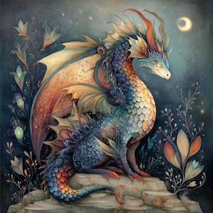 May include: A vibrant illustration of a dragon with blue, orange, and gold scales, sitting on a stone surface. The dragon has large wings and is surrounded by stylized plants and a crescent moon in a dark blue sky.