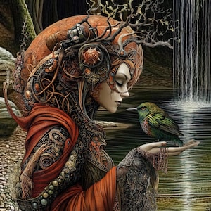 以下が含まれることがあります： スチームパンク風の精巧なヘッドウェアと衣装を身につけた女性が、ハチドリを手にしているデジタルイラスト。女性の赤と茶色の服は、緑と金の鳥と対照的です。滝と岩の多い風景が背景を形成しています。