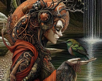May include: An artistic digital illustration depicts a woman with elaborate steampunk-inspired headwear and attire, holding a hummingbird. The woman's red and brown clothing contrasts with the green and gold bird. A waterfall and rocky landscape form the background.