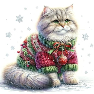 May include: A white cat wearing a red, green, and white knitted sweater with a red and green bow and a red Christmas ornament hanging from the bow. The cat is sitting on a white snowy surface with snowflakes falling around it.