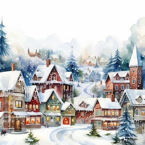 Puede incluir: Una pintura de acuarela de un pueblo nevado con casas, árboles y un camino sinuoso. Las casas están decoradas con luces y techos cubiertos de nieve. Los árboles están cubiertos de nieve y escarcha. El camino está cubierto de nieve y conduce a una pequeña iglesia en la distancia.