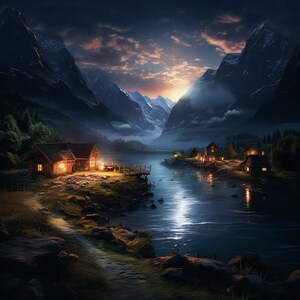 May include: A digital painting of a serene mountain landscape at dusk. A river reflects the sunset and the lights from several cabins. Dark mountains frame the scene, with a path leading to the cabins.
