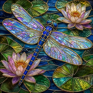 Puede incluir: Una obra de arte en vidriera que presenta una libélula azul con alas iridiscentes, posada entre nenúfares y flores de loto. La libélula tiene un diseño detallado con detalles dorados. El fondo es un mosaico de tonos azules y verdes.
