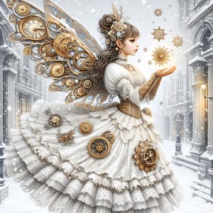 Puede incluir: Un hada steampunk con alas de relojería y un vestido blanco adornado con engranajes y encaje, sosteniendo un copo de nieve en un entorno de ciudad nevada.