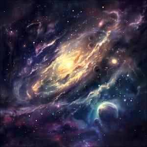 May include: A swirling galaxy with a bright yellow core and a scattering of stars and planets. The galaxy is set against a dark blue background.