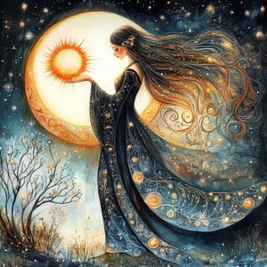 Puede incluir: Una ilustración etérea representa a una mujer con un vestido azul oscuro fluido, sosteniendo un sol radiante. Su largo cabello suelto cae en cascada, adornado con detalles dorados. Una gran luna brillante y un cielo estrellado forman el telón de fondo.