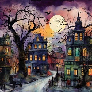 May include: A watercolor painting of a spooky neighborhood with three houses. The houses are painted in shades of blue, green, and brown. The houses have windows and doors, and there are trees and bushes in the yard. The sky is a dark purple color, and there is a full moon in the sky.