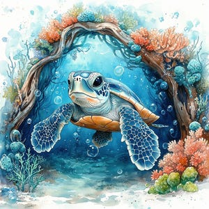 May include: Watercolor painting of a sea turtle swimming in a vibrant underwater scene. The turtle has a blue and orange shell, surrounded by coral, bubbles, and a wooden archway. The artwork is in shades of blue, orange, and green.