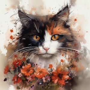 Floral cat 2 calico kitty pdf instant digitale download geteld kruissteekpatroonhouder compatibel, kleurenkaart afdruk