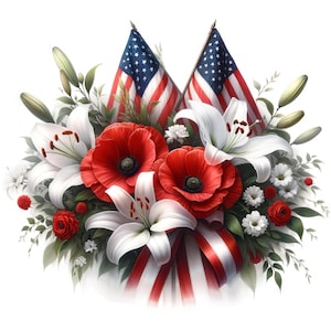 Op de afbeelding: Een boeket witte lelies en rode klaprozen met twee Amerikaanse vlaggen die met een rood-wit-blauw lint aan elkaar zijn gebonden.