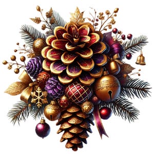 Puede incluir: Un adorno navideño dorado y burdeos con una piña, campanas y un gran adorno en forma de flor. El adorno está decorado con purpurina y cuentas.