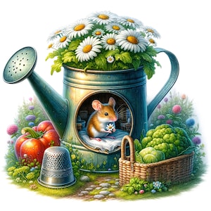 Puede incluir: Ilustración caprichosa de una regadera llena de margaritas. Un pequeño ratón está sentado dentro, sosteniendo una margarita. Otros elementos incluyen tomates, brócoli, un dedal y una cesta de mimbre, todo en un jardín.