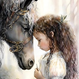 Puede incluir: Una ilustración digital de un caballo de crin oscura con una brida de cuero marrón apoyando su cabeza contra una persona joven de largo cabello castaño rizado que viste un vestido blanco. La escena presenta texturas artísticas suaves.