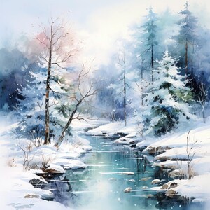 Puede incluir: Pintura a la acuarela de un paisaje invernal. Un bosque nevado con árboles de hoja perenne y árboles desnudos rodea un río que fluye. La obra de arte presenta una paleta de colores suaves de azules, blancos y toques de rosa.