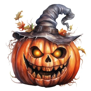 May include: A carved orange pumpkin with a wide, toothy grin and glowing eyes. It is wearing a black witch's hat with a pointed brim and a curled tip.