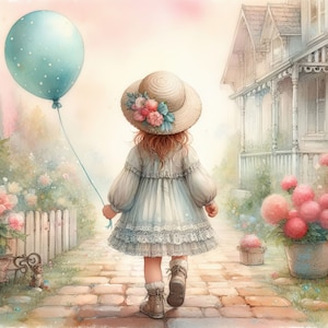 Klein meisje met haar ballon aquarel 1 pdf instant digitale download geteld kruissteekpatroonhouder compatibel, afdruk kleurenkaart