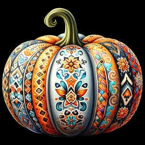 May include: A decorative pumpkin with a detailed, colorful design. The pumpkin is painted with intricate patterns in shades of orange, blue, green, and black. The design features geometric shapes, floral motifs, and swirls.
