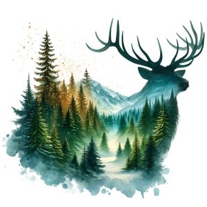 May include: A watercolor painting of a deer silhouette with a forest scene inside. The deer's antlers are large and spread out, and the forest is filled with tall, green trees. The background is a soft blue and green, with a hint of gold.