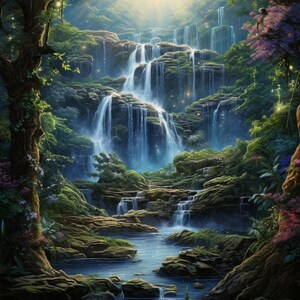 May include: A lush green forest scene with a cascading waterfall flowing over mossy rocks. Sunlight streams through the trees, illuminating the water and creating a magical atmosphere.