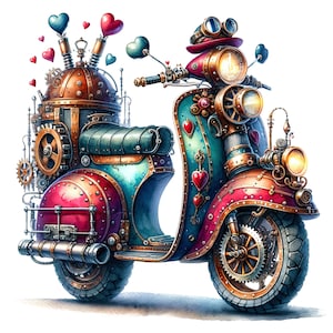 May include: A whimsical steampunk-style scooter decorated with hearts and gears. The scooter is painted in shades of blue, green, red, and gold. It has a large, round headlight and a small, round taillight. The scooter is a unique and eye-catching piece of art.