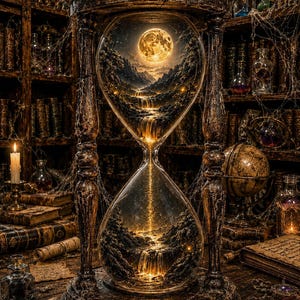 May include: A decorative hourglass with a dark, weathered wooden frame containing a miniature landscape of mountains, a glowing full moon, and a cascading waterfall. The sand flows as golden light between the two glass bulbs, set against a dark background.