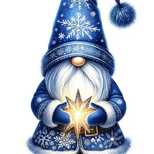Small pattern 14 blue Christmas gnome glowing star PDF instant digital download counted cross stitch pattern 18ct B&W, color printouts