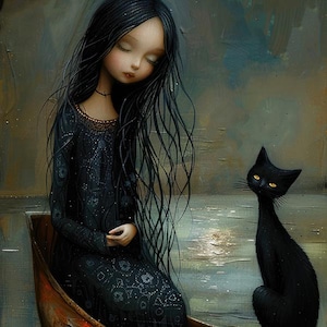 May include: A young woman with long black hair sits in a wooden canoe with a black cat. The canoe is on a dark blue body of water. A crescent moon is visible in the sky above the woman and cat.