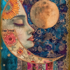 Pode incluir: Uma lua crescente com o rosto de uma mulher e os olhos fechados, cercada por padrões florais coloridos e glitter dourado. A lua é feita de papel e tecido, e o fundo é um tecido azul e dourado.