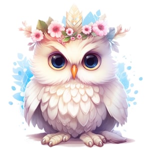 Pale cream and pink baby owl flower crown counted cross stitch pattern keeper compatible PDF instant digital download BW color printout