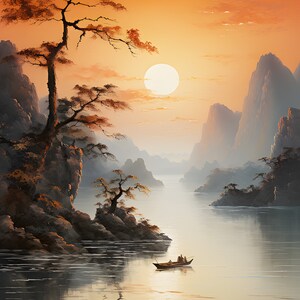 May include: A painting depicting a tranquil landscape with a solitary boat on a still lake. The sun is setting behind the mountains, creating a warm orange hue across the scene. A tall pine tree stands on a rocky cliff to the left of the image.