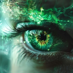 May include: A close-up of a green eye with a swirling, glowing green and yellow pattern. The eye is surrounded by eyelashes and a soft, blurred background.