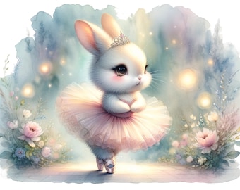 May include: A white rabbit wearing a pink tutu and a tiara, standing on its hind legs with its paws crossed. The rabbit is surrounded by a soft, blue and purple watercolor background with glowing lights.