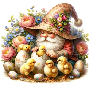 May include: A gnome wearing a floral hat holds a cracked egg with a baby chick peeking out.  Other baby chicks are near the gnome, and there are colorful Easter eggs scattered around.