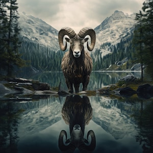 Può includere: Un grande ariete marrone con corna ricciute si trova di fronte a un lago e alle montagne. L'ariete si riflette nell'acqua.