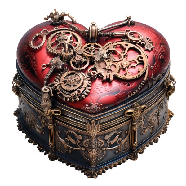 Steampunk heart lock box valentine pattern keeper compatible PDF instant digital download counted cross stitch 18ct B&W color chart printout