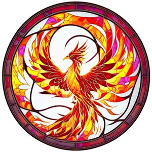 Vitral de pássaro de fogo Phoenix PDF download digital instantâneo padrão de ponto cruz contado compatível com 14 ct BW, impressão de cartela de cores