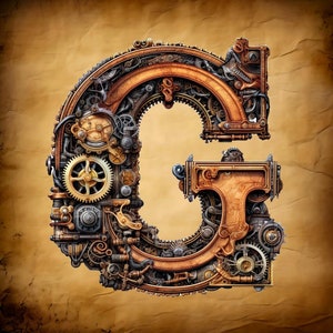 Alfabeto steampunk com letra G, tamanho grande, compatível com PDF, download digital instantâneo, impressão colorida em preto e branco de 18 quilates