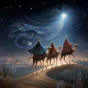 Può includere: Illustrazione di tre figure su cammelli che seguono una stella luminosa nel cielo notturno. Le figure indossano abiti ornati in tonalità blu, rosse e marroni. La stella emette un bagliore radioso, con una scia di luce. La scena evoca meraviglia e viaggio.